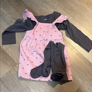 Pink Pinafore Dress with Gray Long Sleeve and Tights